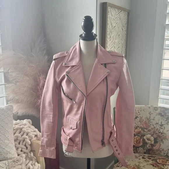 Understated Leather Pink Zipper Belted Collared Biker Jacket Women’s XS - Picture 1 of 13